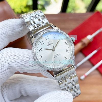 Copy Omega Women Silver Face Stainless Steel Strap Diamonds Bezel Watch 34mm